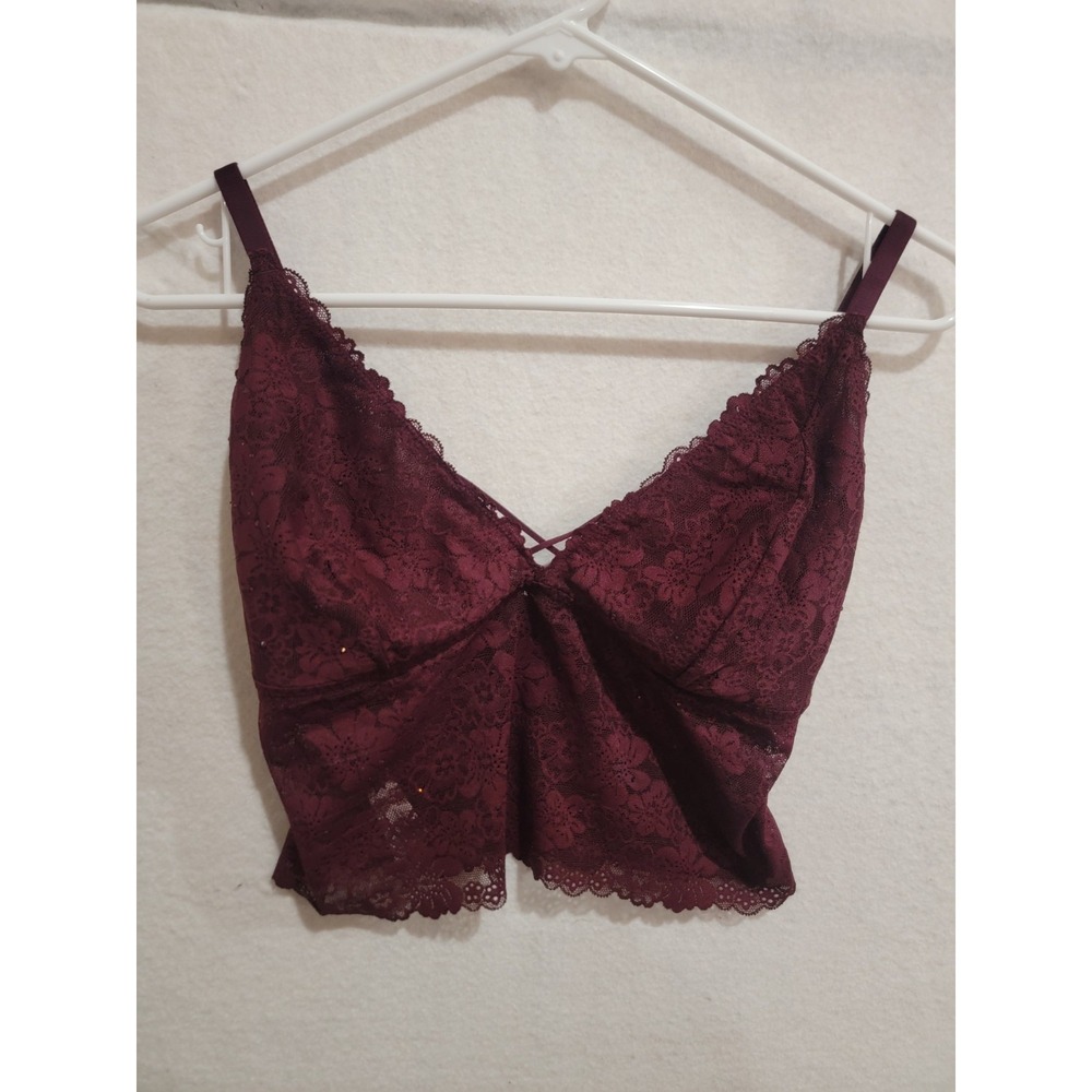 PINK Victoria's Secret Sz‎ M Burgundy Lace Longline Bralette Rhinestones Strappy